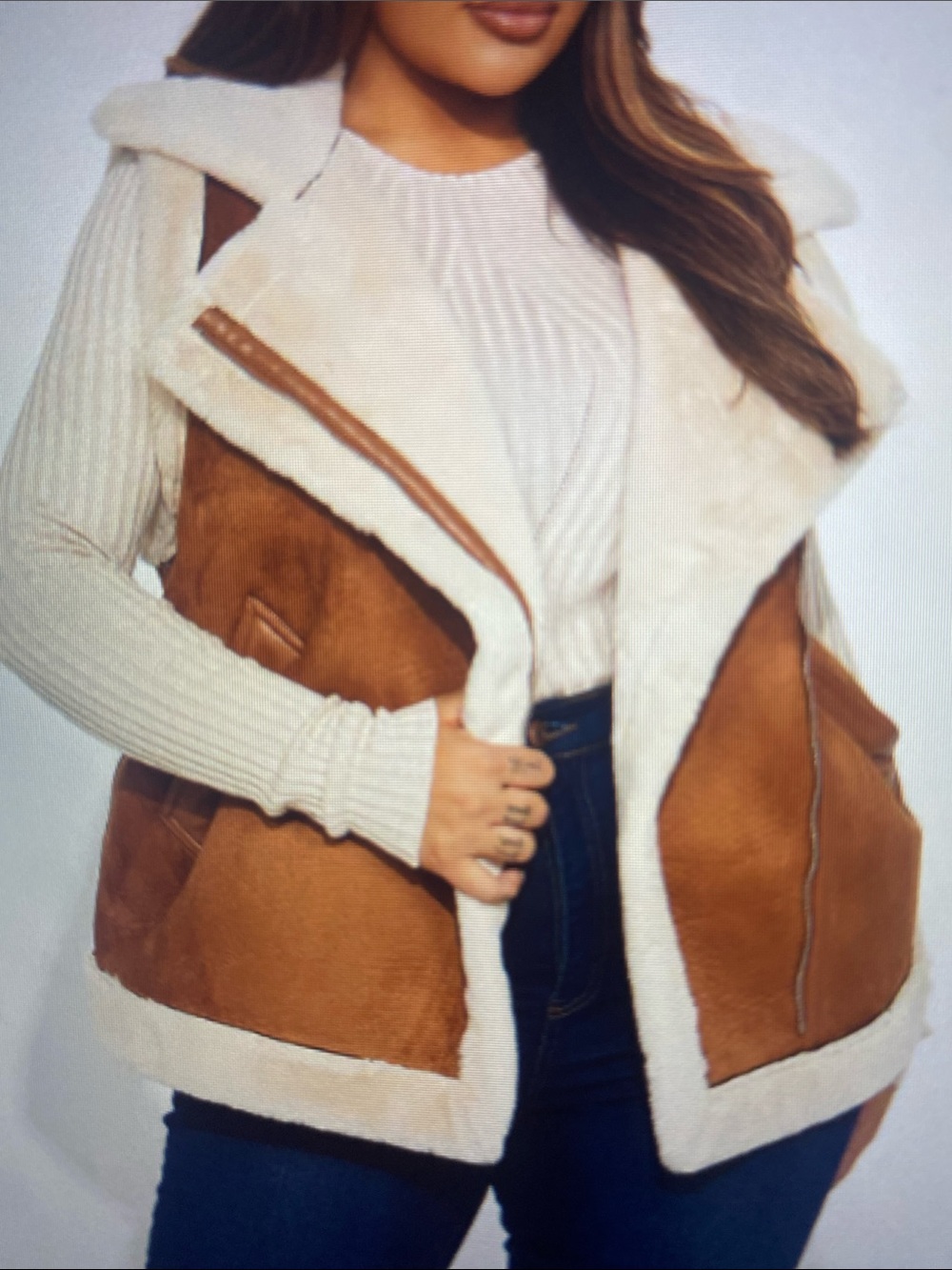 Fashion Nova Suede-Look Faux Shearling Vest in Tan and Cream
